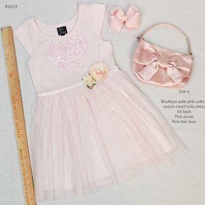 Boutique sequin heart tulle dress with bow and purse